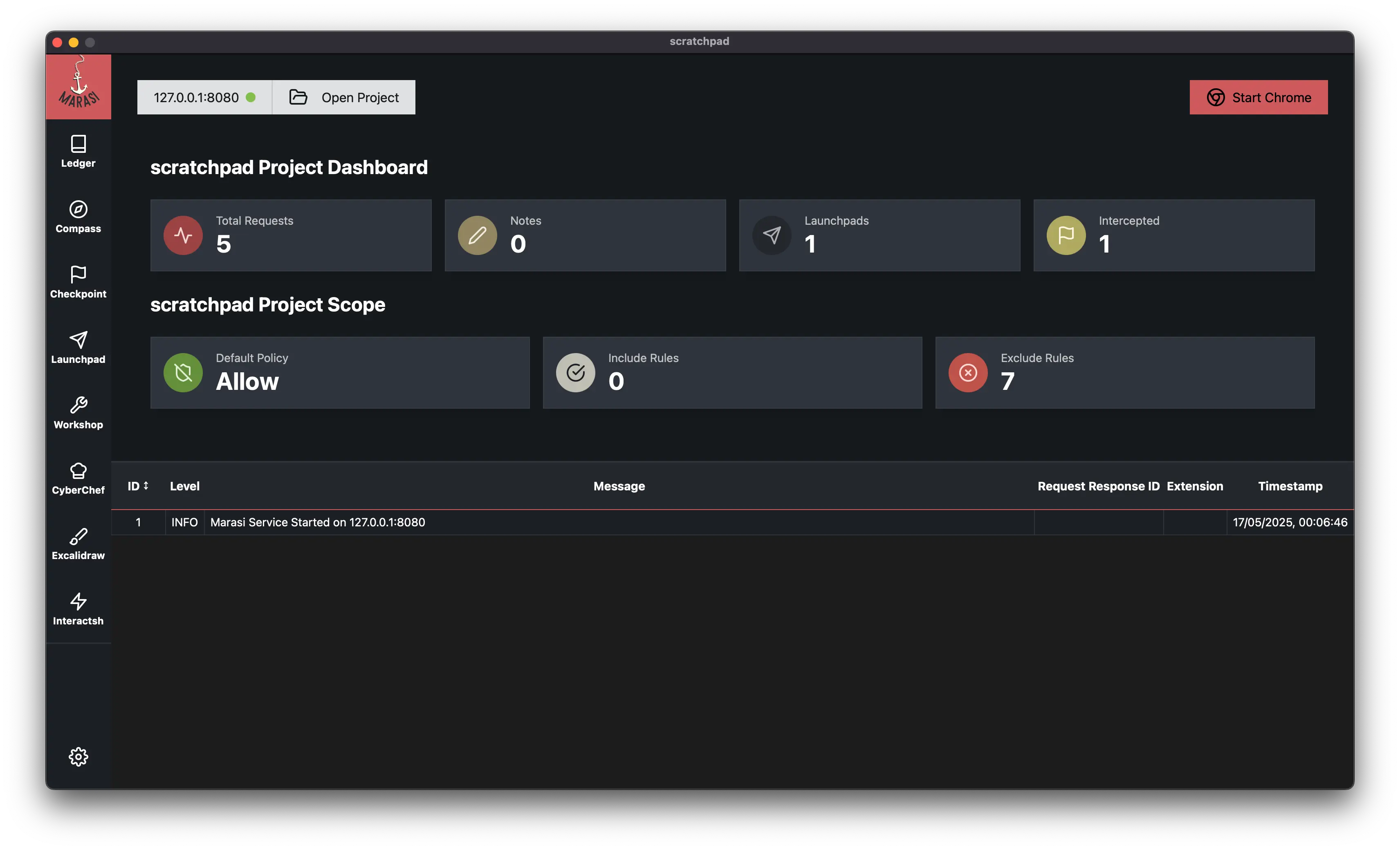 Dashboard screen of the Marasi GUI